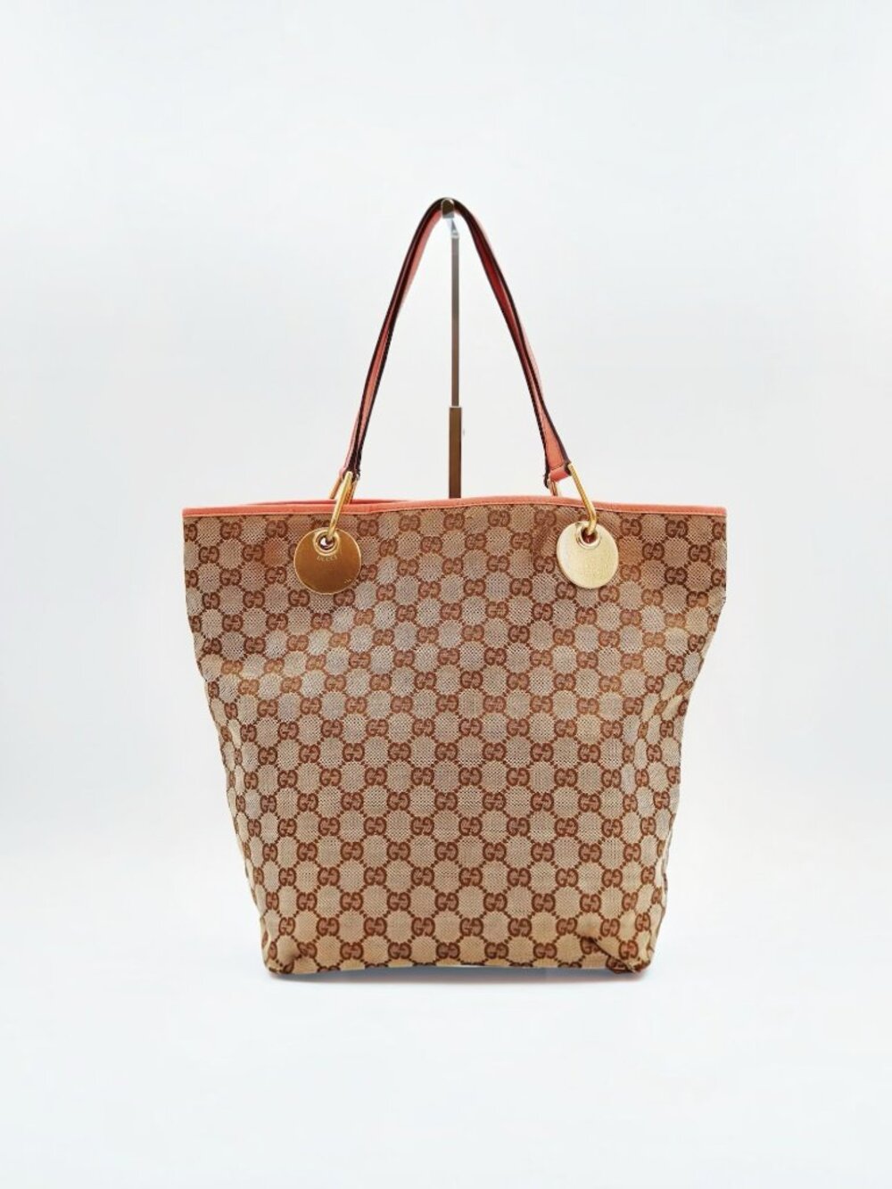 Gucci Eclipse GG Canvas Tote Bag Beige Ebony Pink Leather Shoulder Bag Italy